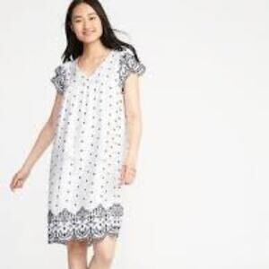 OLD NAVY WOMEN TASSEL NECK TIE WHITE EMBROIDERED FLORAL FLUTTER DRESS SIZE XXL